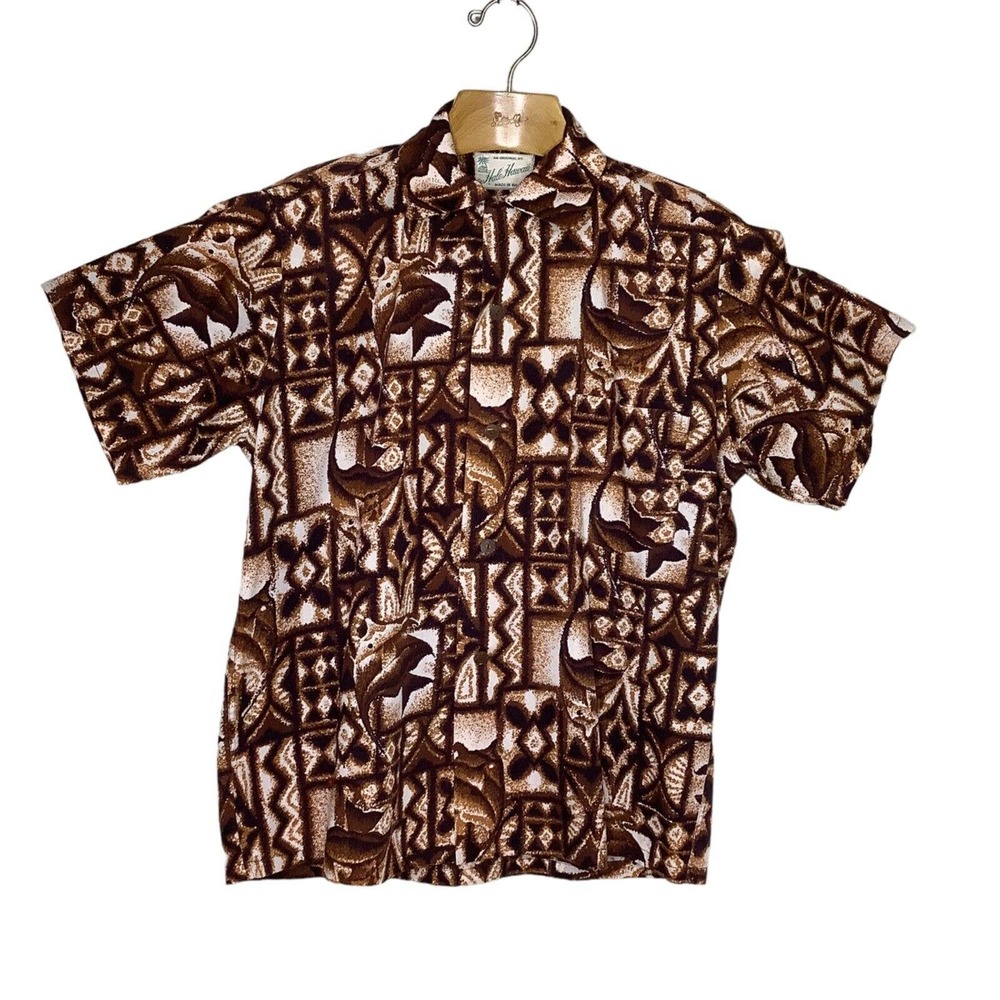 Vintage Hale Hawaii Shirt M Brown Tropical Fish Loop Collar Short Sleeve 50s 60s